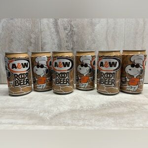 6 Vintage Empty Snoopy A&W Soda Can Joe Cool Barbeque PEANUTS Promotional Rare